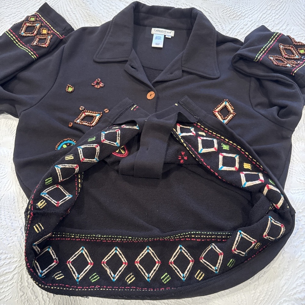 Coldwater Creek Cardigan Sweater size Large Beaded Black Jacket Art to Wear - Picture 9 of 9